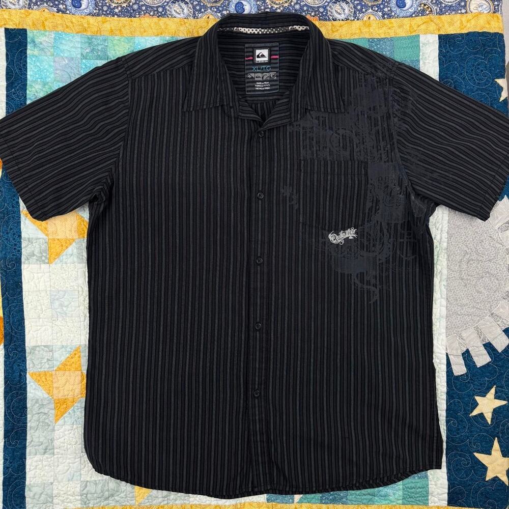 Quicksilver Black Pinstripe Collared Button-up Dress Shirt with Floral Print